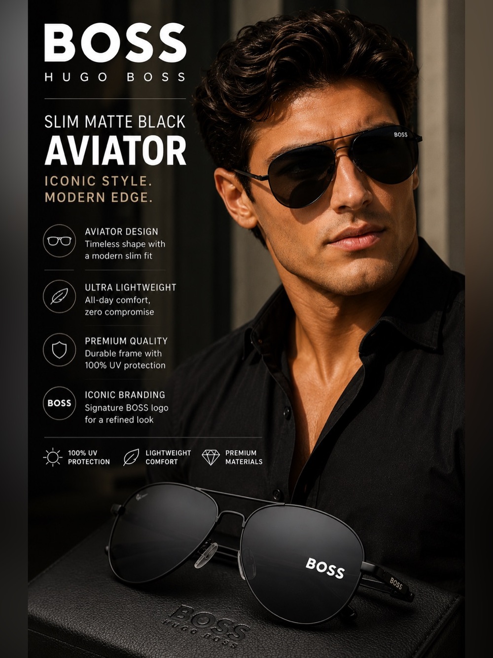 🖤‼️🔥🆕  Hugo Boss Men's Slim Matte Black Aviator Sunglasses | Authentic | No Case
